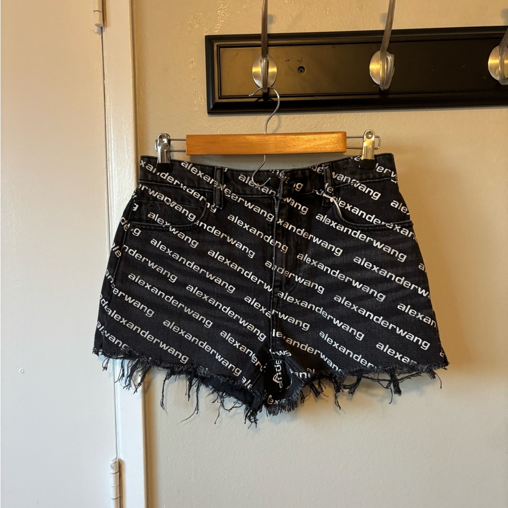 Alexander Wang Black Distressed Jean Shorts with Text Print